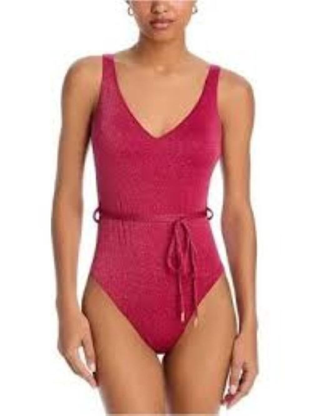 AQUA Swim Plunge One Piece Swimsuit Burgundy Metallic Lurex Bloomingdales XS